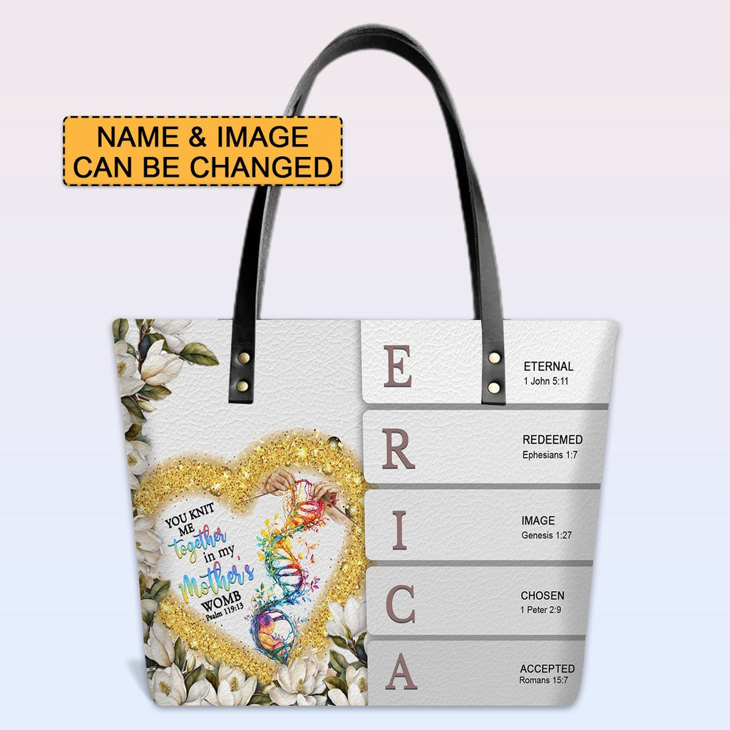 Personalized Leather Tote Bag with Bible Verses – Custom Name and Image – Uncover the sacred meaning of your name | CHRISTIANARTBAG Leather TOTE Bag