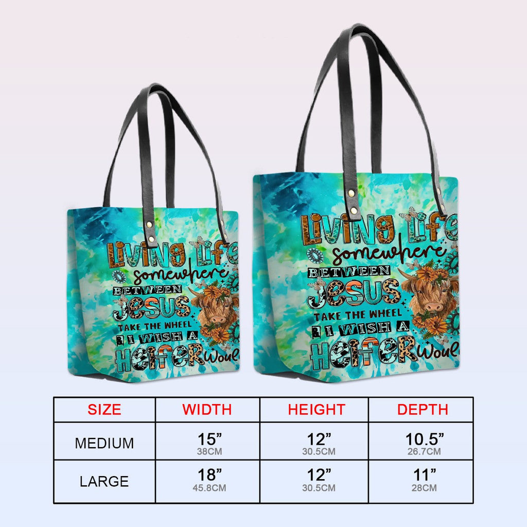 Personalized Leather Tote Bag with Bible Verses – Living Life Somewhere Between Jesus Cow | CHRISTIANARTBAG Leather TOTE Bag