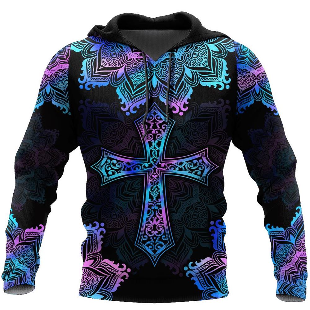 Pink Blue Hologram Mandala Cross God 3D Hoodie For Man And Women, Jesus Printed 3D Hoodie