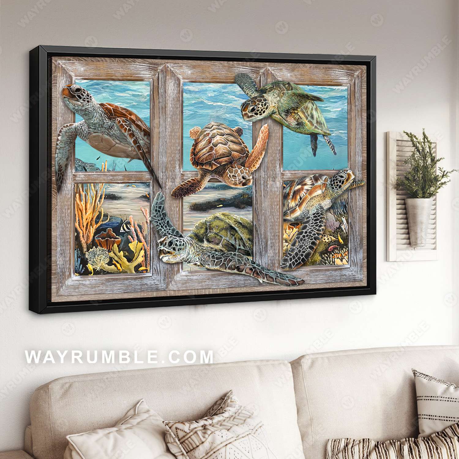 Turtle painting, Window frame, Ocean world, Beautiful coral reef - Turtle Landscape Canvas Prints, Wall Art