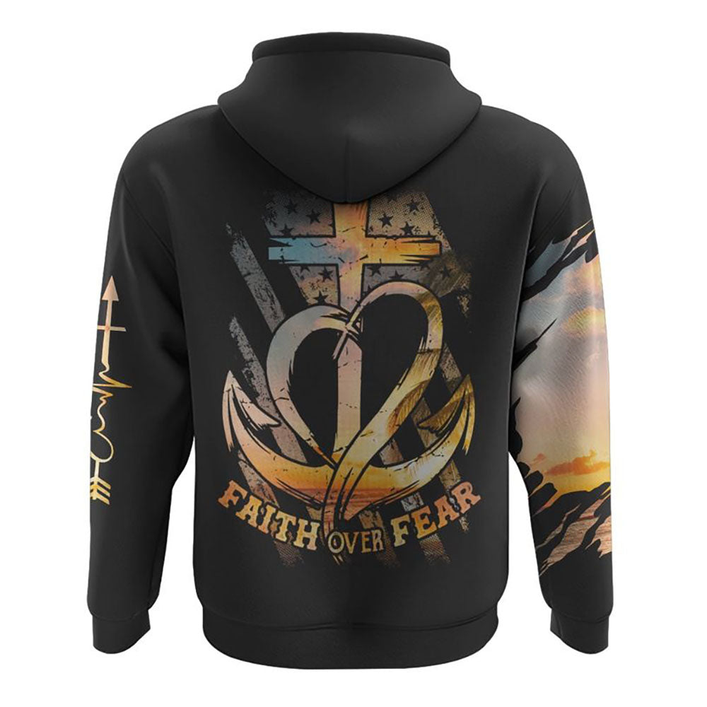 Vintage Faith Over Fear Sunset All Over Print 3D Hoodie, Christian Hoodie, Christian Sweatshirt, Bible Verse Shirt