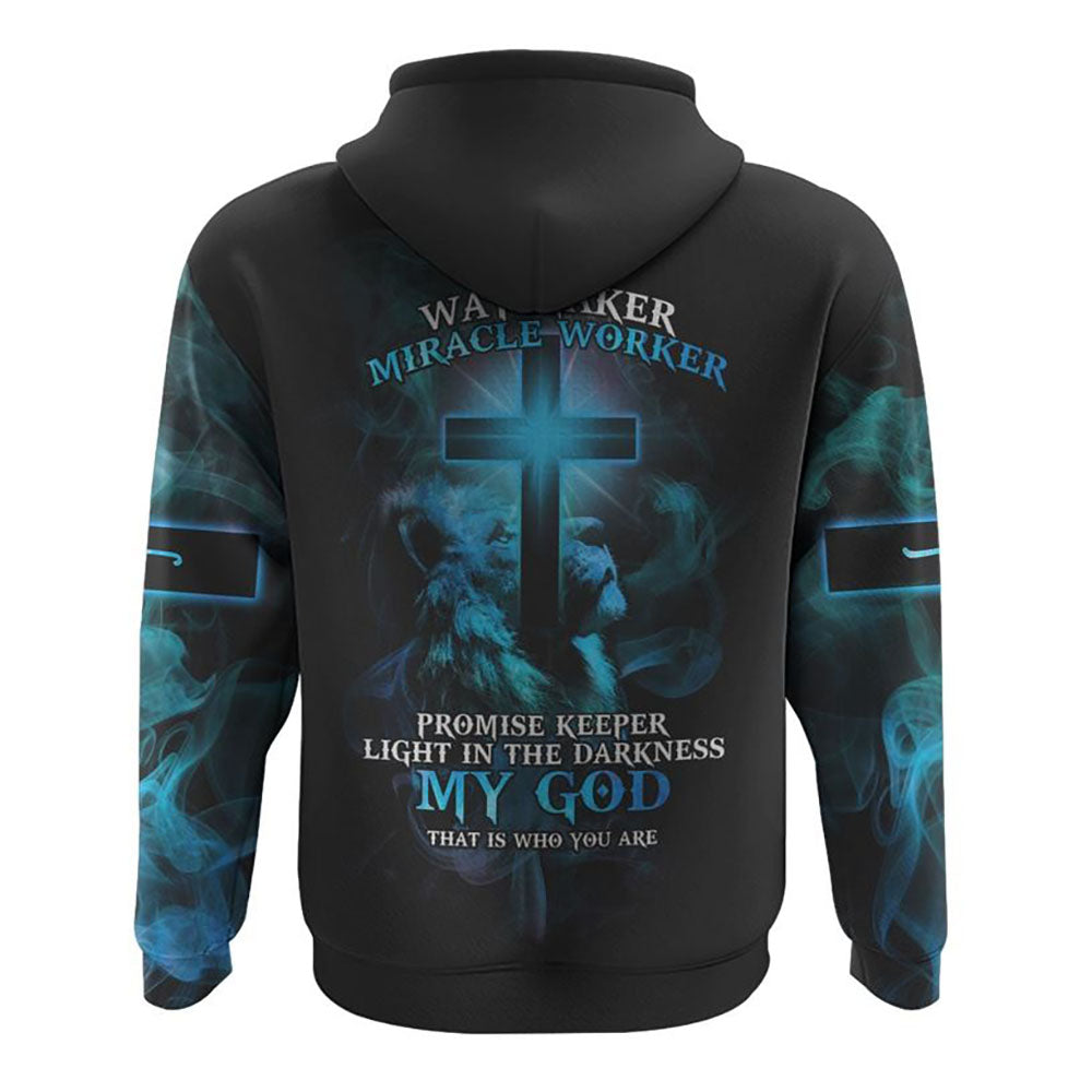 Way Maker Miracle Worker Blue Lion Cross All Over Print 3D Hoodie, Christian Hoodie, Christian Sweatshirt, Bible Verse Shirt