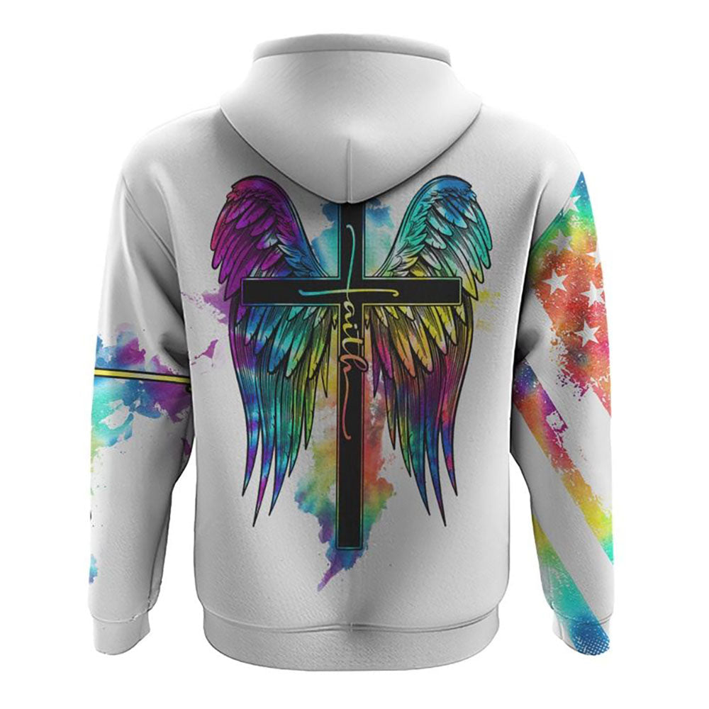 White Faith Cross Wings Colorful Watercolor All Over Print 3D Hoodie, Christian Hoodie, Christian Sweatshirt, Bible Verse Shirt