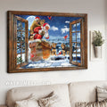 Yorkshire Terriers are gift from Santa Claus, Christmas night painting, Winter night, Window frame - Dogs Landscape Canvas Prints, Wall Art