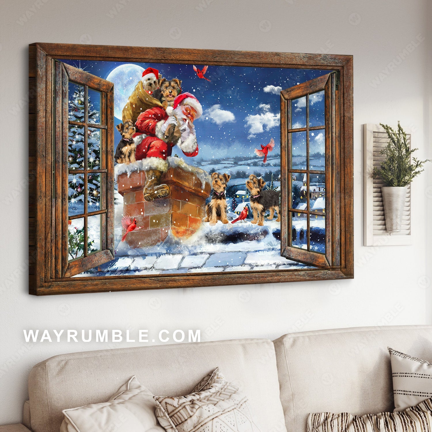 Yorkshire Terriers are gift from Santa Claus, Christmas night painting, Winter night, Window frame - Dogs Landscape Canvas Prints, Wall Art