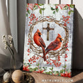 Cardinal couple, Cranberry wreath, Poinsettia flower, Wooden cross - Jesus Portrait Canvas Prints, Home Decor Wall Art