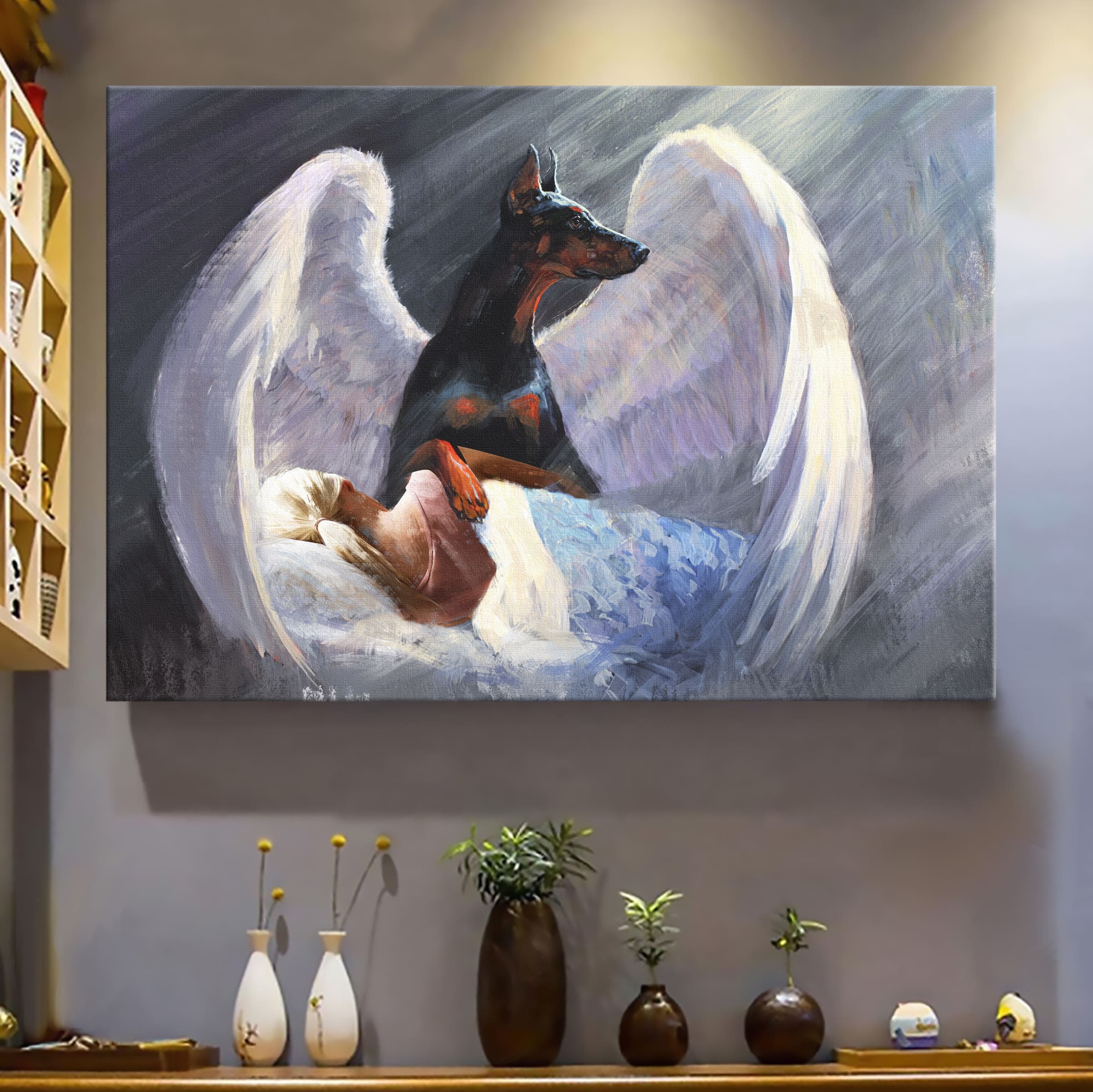 Black Doberman painting, White wings, Beautiful dream - Doberman Landscape Canvas Prints, Wall Art