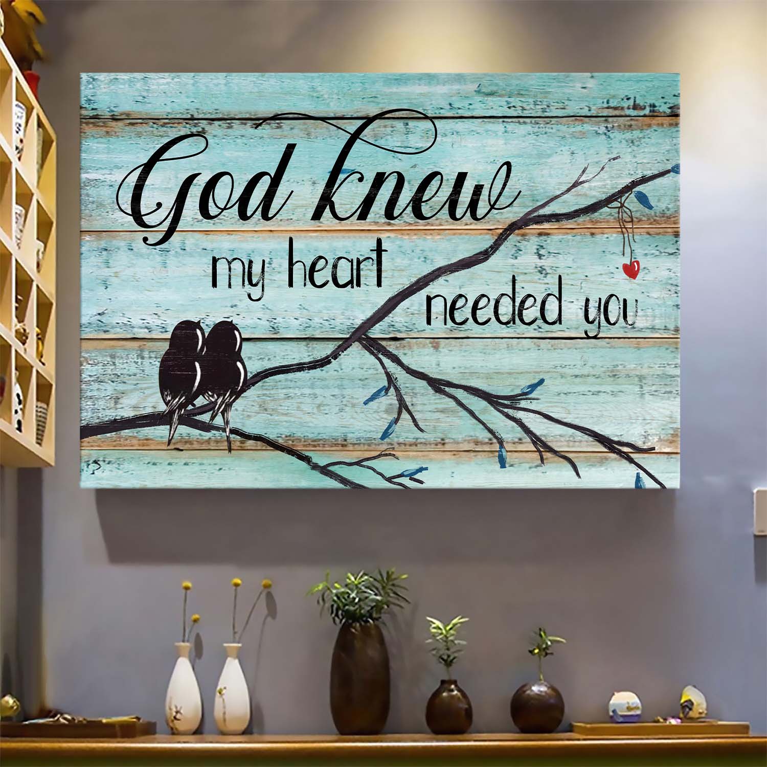 Couple bird drawing, Blue background, God knew my heart needed you - Jesus Landscape Canvas Prints, Wall Art