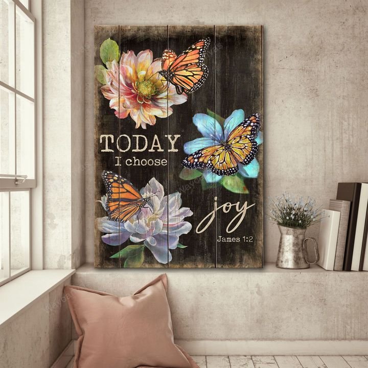 Orange butterfly, Big colorful flower, Black background, Today I choose joy - Jesus Portrait Canvas Prints, Wall Art