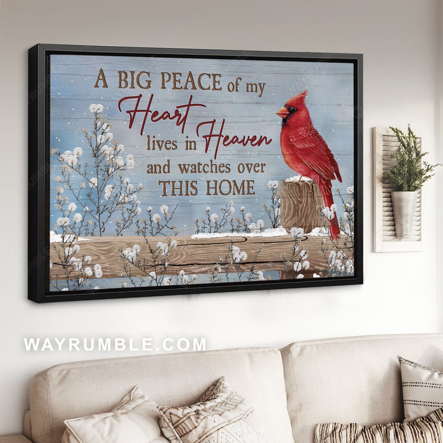 Red Cardinal, Winter season, White flower, A big peace of my heart lives in heaven - Heaven Landscape Canvas Prints, Home Decor Wall Art