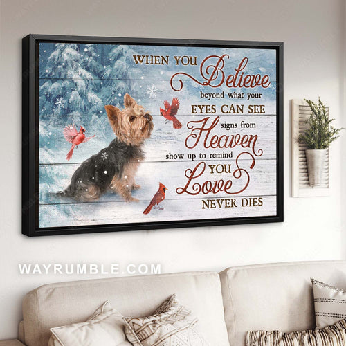 Adorable Yorkshire Terrier, Red cardinal, Snowy forest, Love never dies - Heaven Landscape Canvas Prints, Home Decor Wall Art