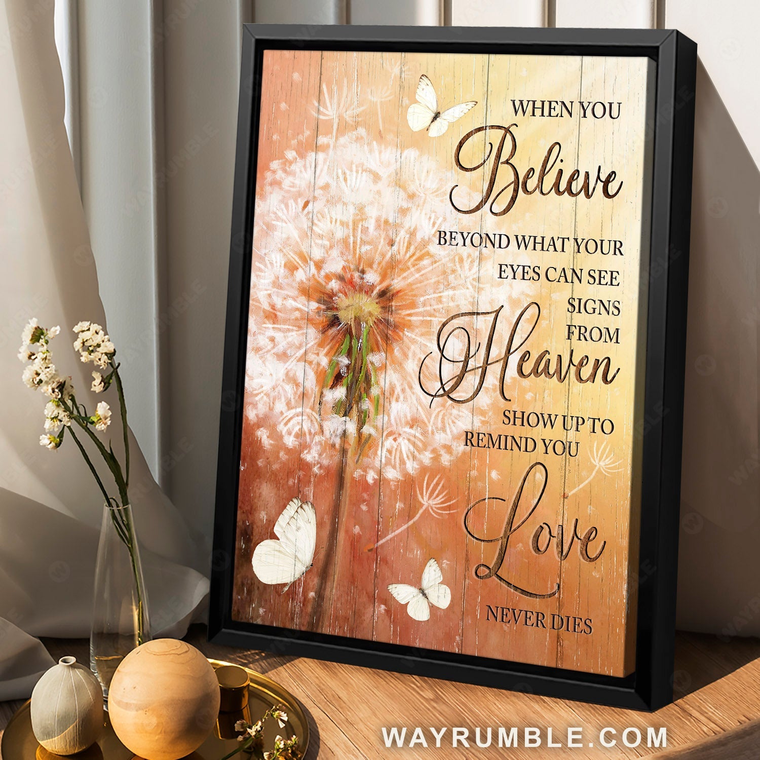 Dandelion drawing, White Butterfly, Motivational quote, Love never dies - Heaven Portrait Canvas Prints, Home Decor Wall Art
