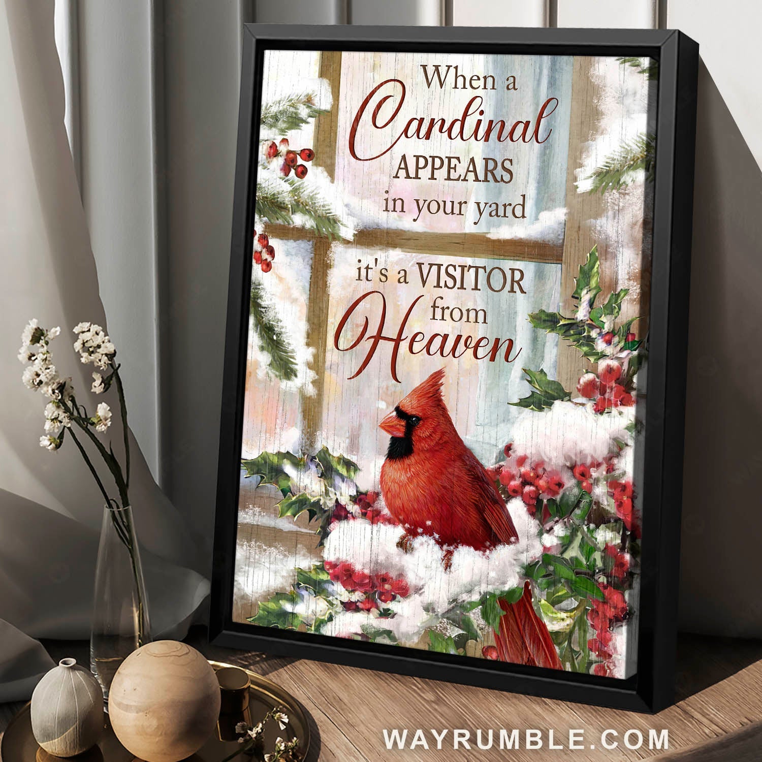 Red cardinal, Cranberry drawing, Winter season, When a cardinal appears in your yard - Heaven Portrait Canvas Prints, Home Decor Wall Art
