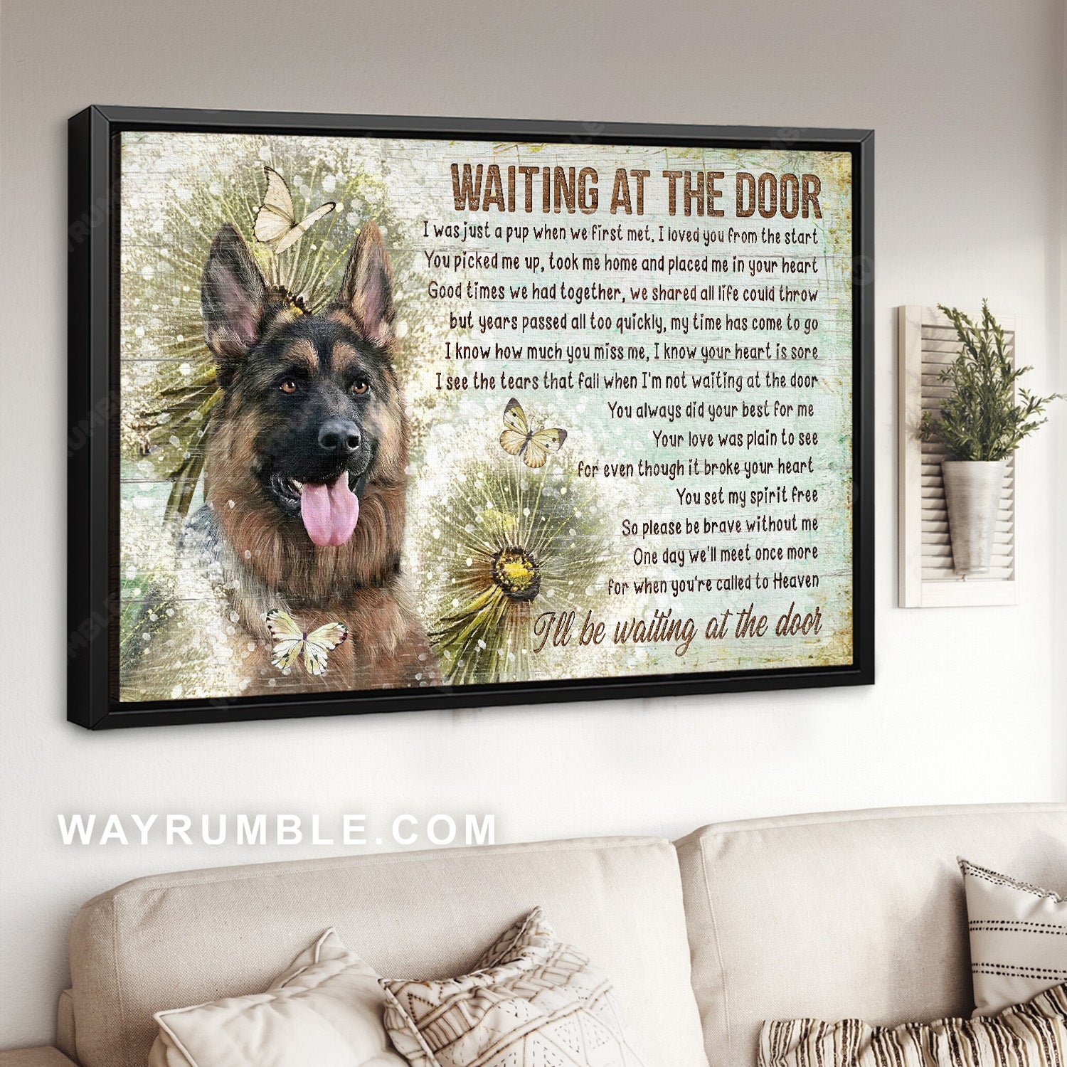 German Shepherd dog, Watercolor dandelion, Butterfly drawing, Waiting at the door - Heaven Landscape Canvas Prints, Home Decor Wall Art