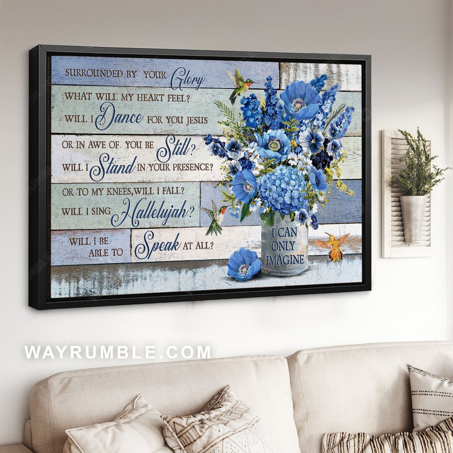 Blue flower vase, Watercolor hummingbird, Religious song, I can only imagine - Jesus Landscape Canvas Prints, Home Decor Wall Art