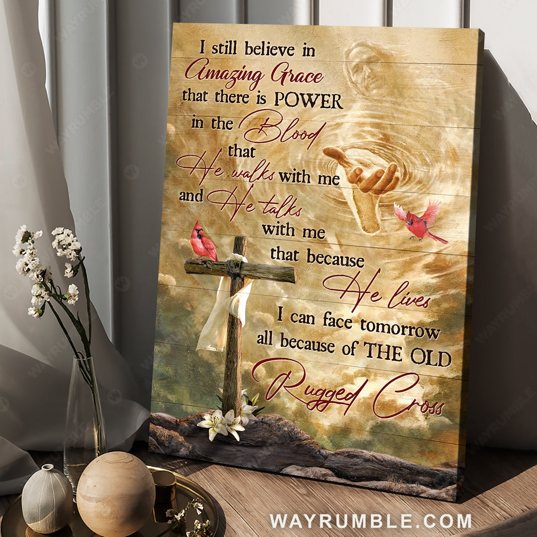Unique cross, Red cardinal, Walking with Jesus, I still believe in amazing grace - Jesus Portrait Canvas Prints, Christian Wall Art