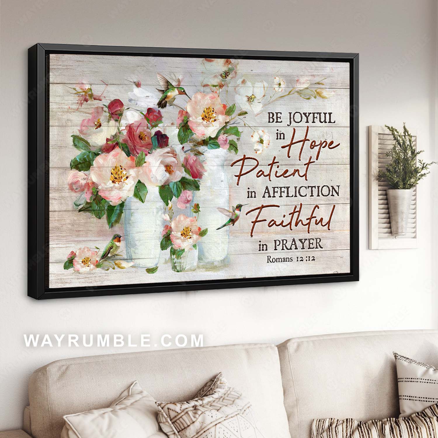 Bible verse, Watercolor flowers, Hummingbird painting, Be joyful in hope - Jesus Landscape Canvas Prints, Home Decor Wall Art