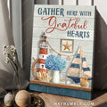 Beautiful lighthouse, Blue hydrangea, Beach symbol, Gather here with grateful hearts - Jesus Portrait Canvas Prints, Christian Wall Art