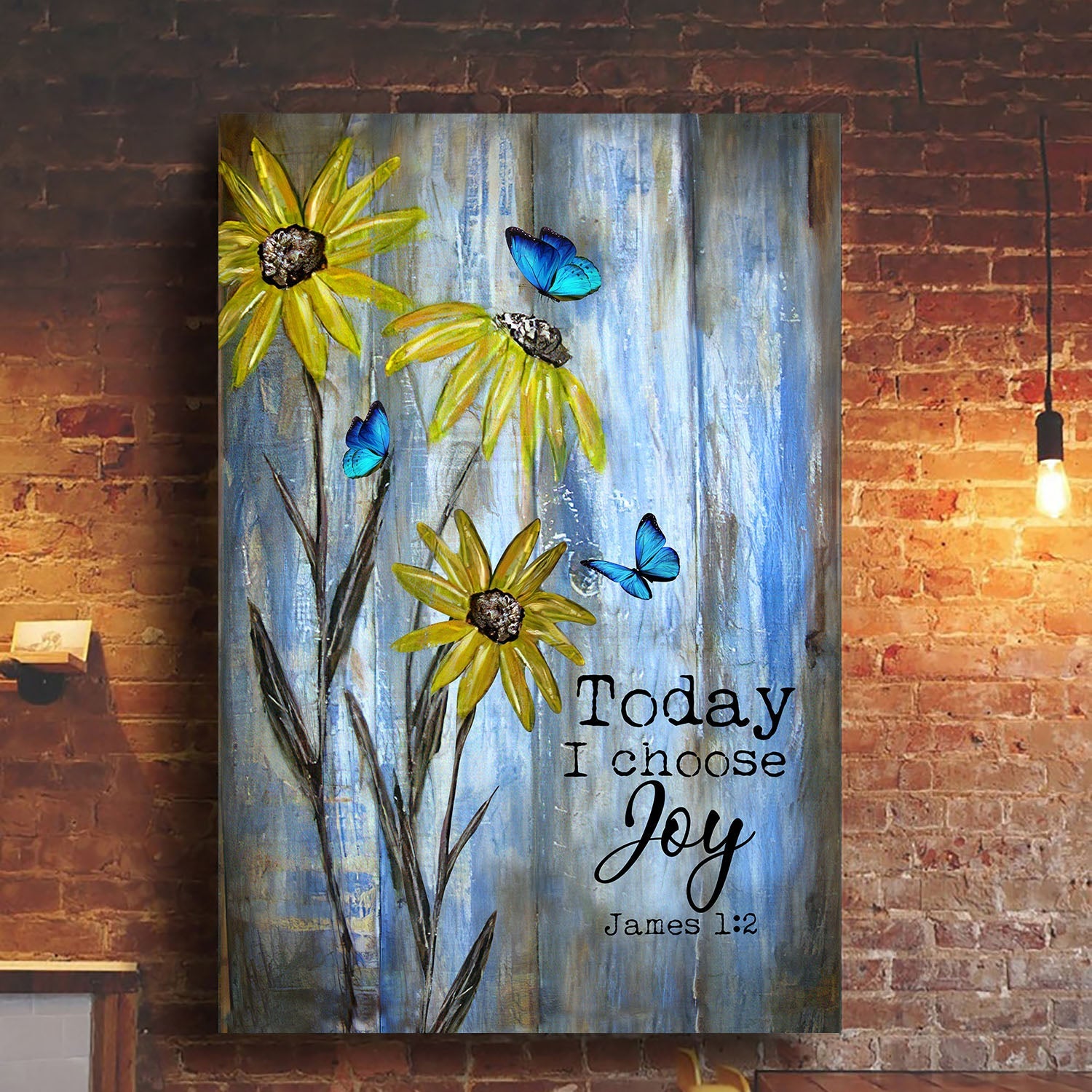 Blue butterfly, Sunflower, Still Painting, Today I choose joy - Jesus Portrait Canvas Prints, Wall Art