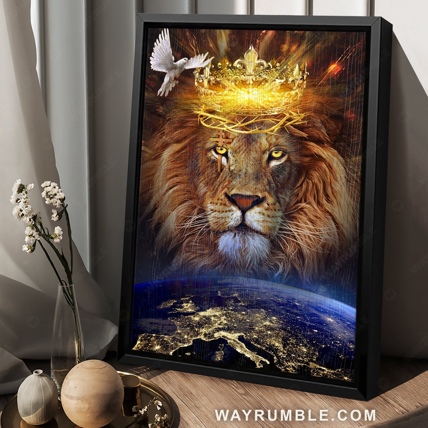 Earth drawing, Lion of Judah, Holy spirit dove, Gorgeous king crown - Jesus Portrait Canvas Prints, Christian Wall Art