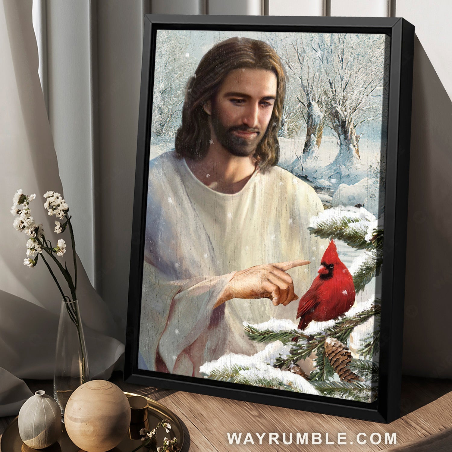 Amazing snow forest, Red cardinal, Religious art, Beautiful Jesus painting - Jesus Portrait Canvas Prints, Christian Wall Art