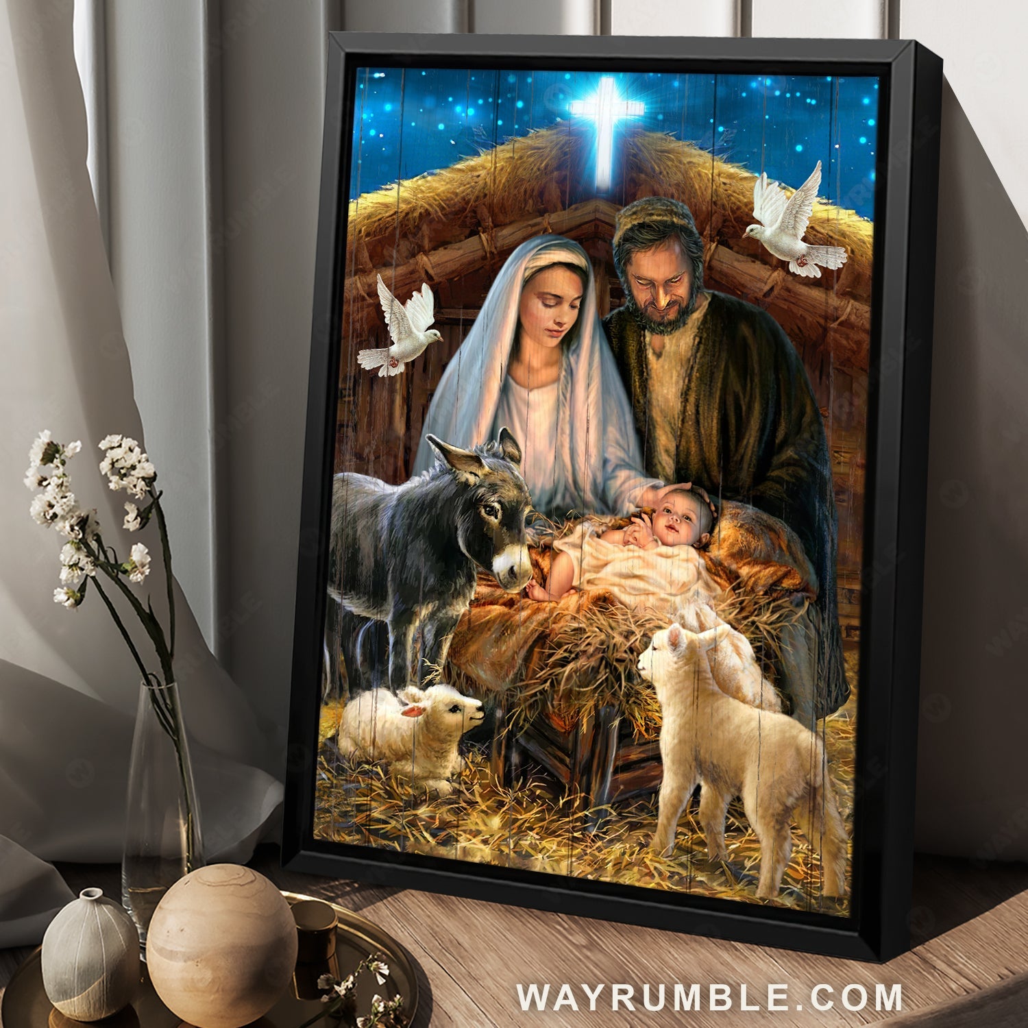 Birth of Jesus, Lamb of God, Holy spirit dove, Blue cross painting, Religious art - Jesus Portrait Canvas Prints, Wall Art
