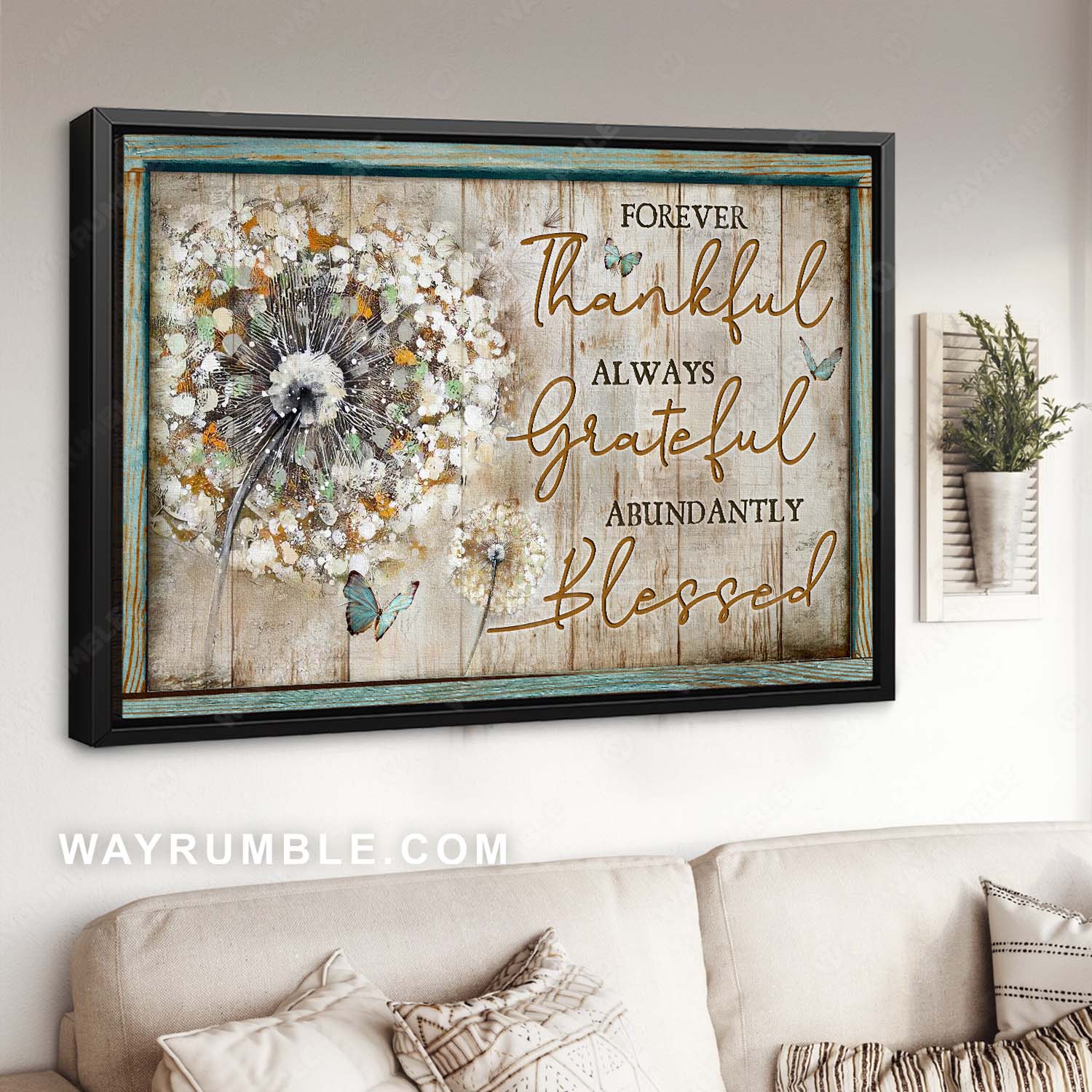 Blue butterfly, Watercolor dandelion, Positive quote, Forever thankful - Jesus Landscape Canvas Prints, Home Decor Wall Art