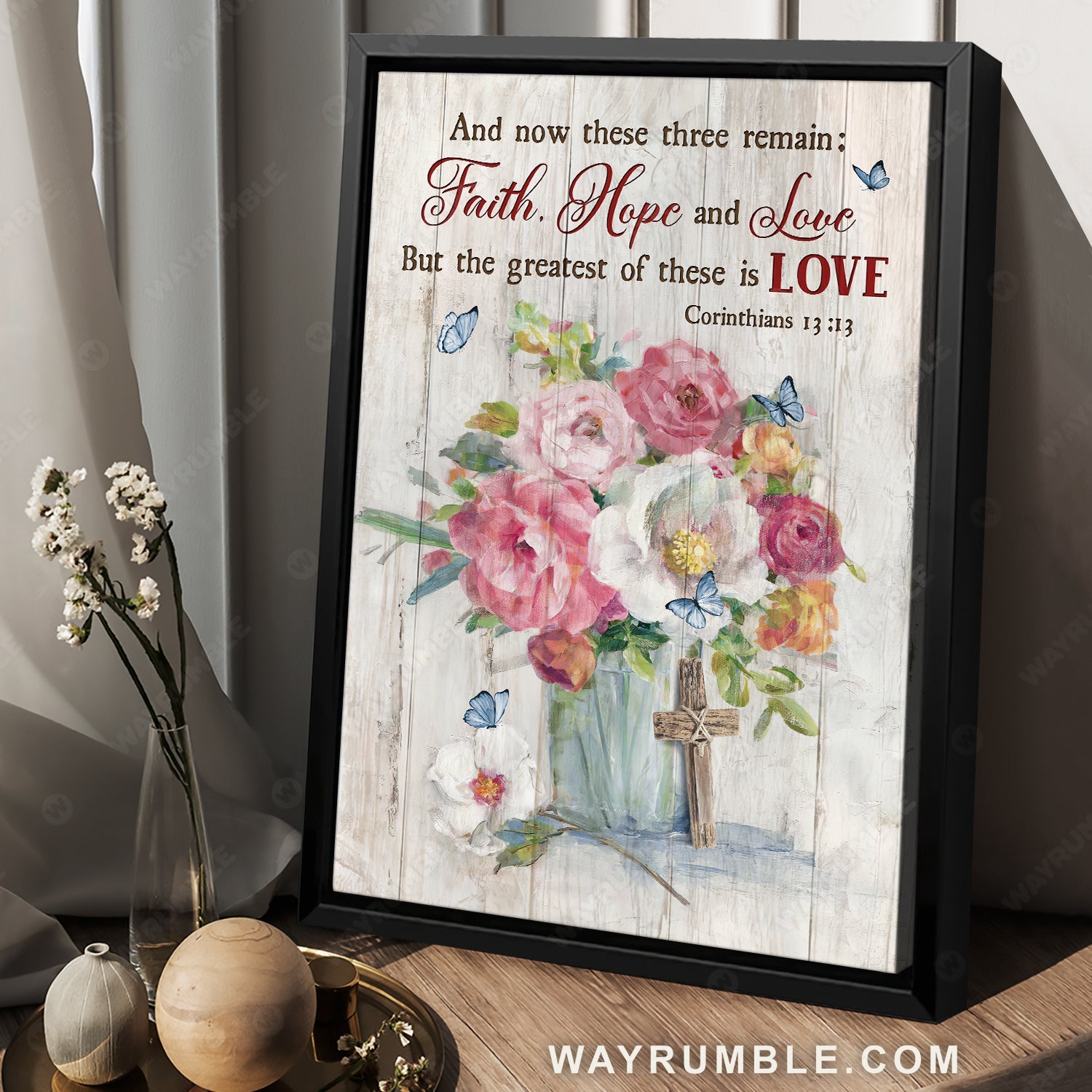 Gorgeous flower vase, Blue butterfly, Wooden cross, Faith, Hope and Love - Jesus Portrait Canvas Prints, Home Decor Wall Art
