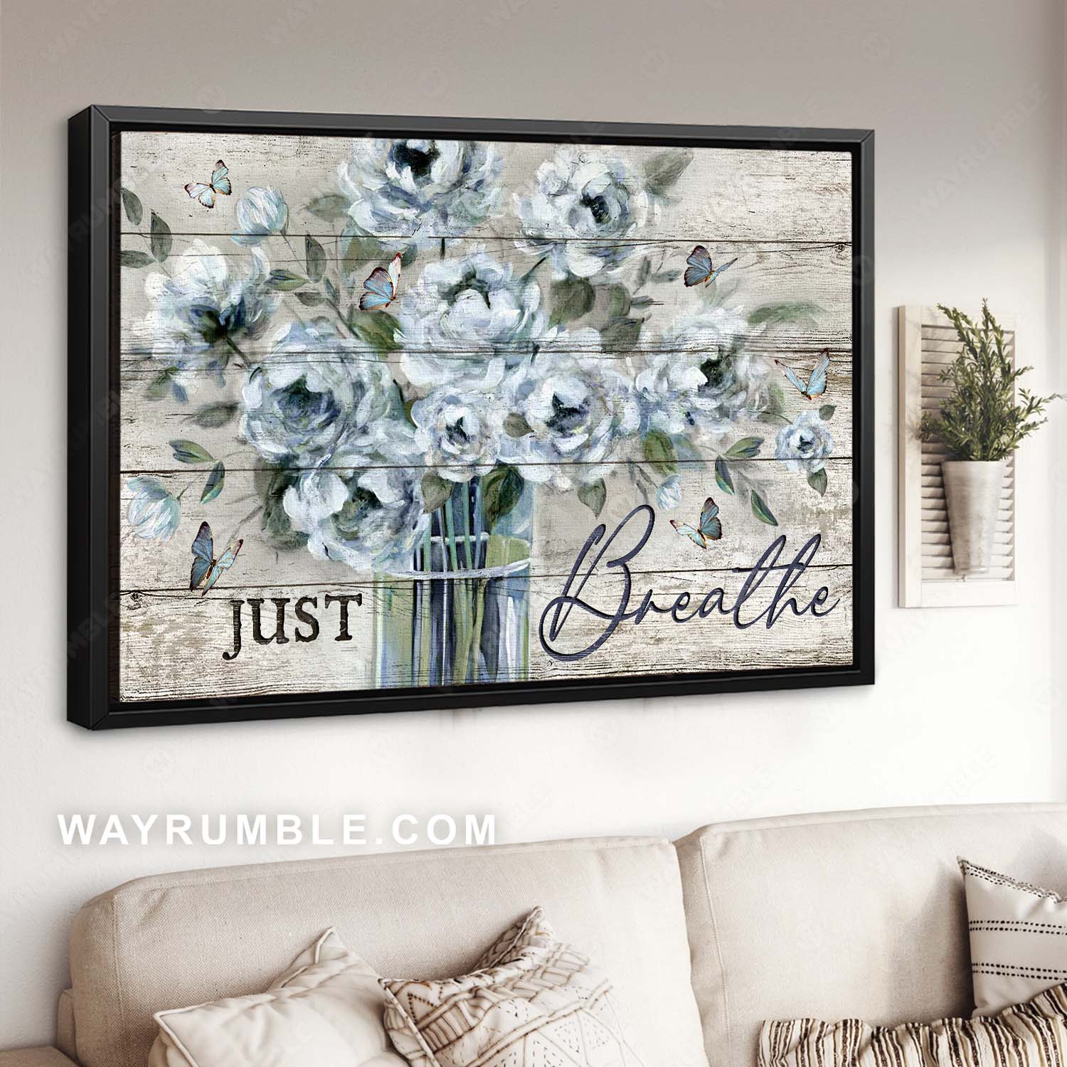 Abstract art, Flower drawing, Vintage flower vase, Blue butterfly, Just breathe - Jesus Landscape Canvas Prints, Home Decor Wall Art