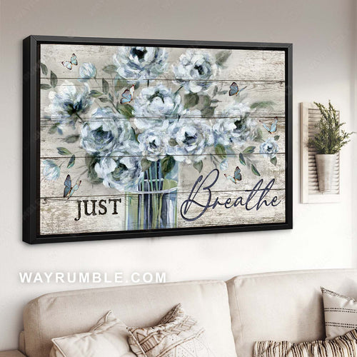 Abstract art, Flower drawing, Vintage flower vase, Blue butterfly, Just breathe - Jesus Landscape Canvas Prints, Home Decor Wall Art