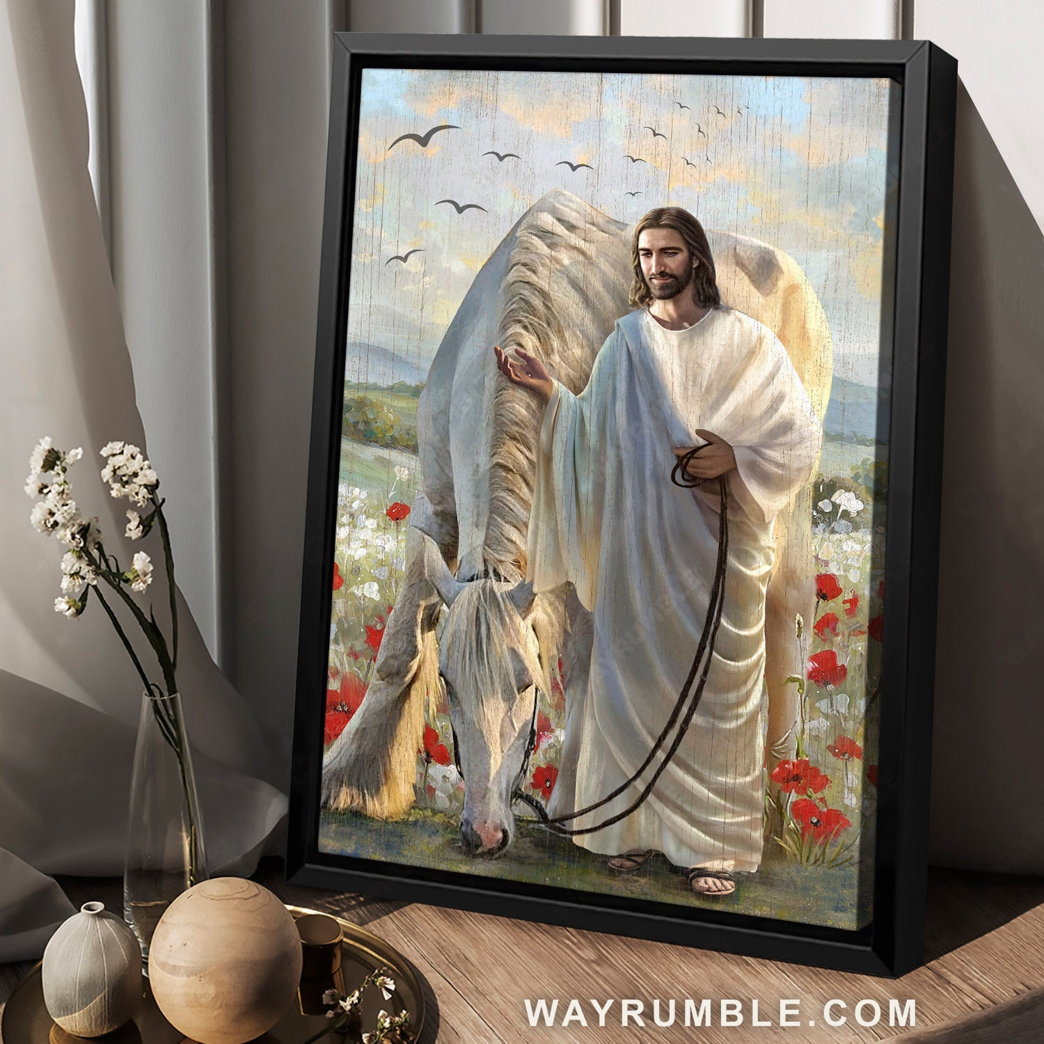 Gorgeous white horse, Jesus painting, Poppy flower, Beautiful flower field - Jesus Portrait Canvas Prints, Christian Wall Art