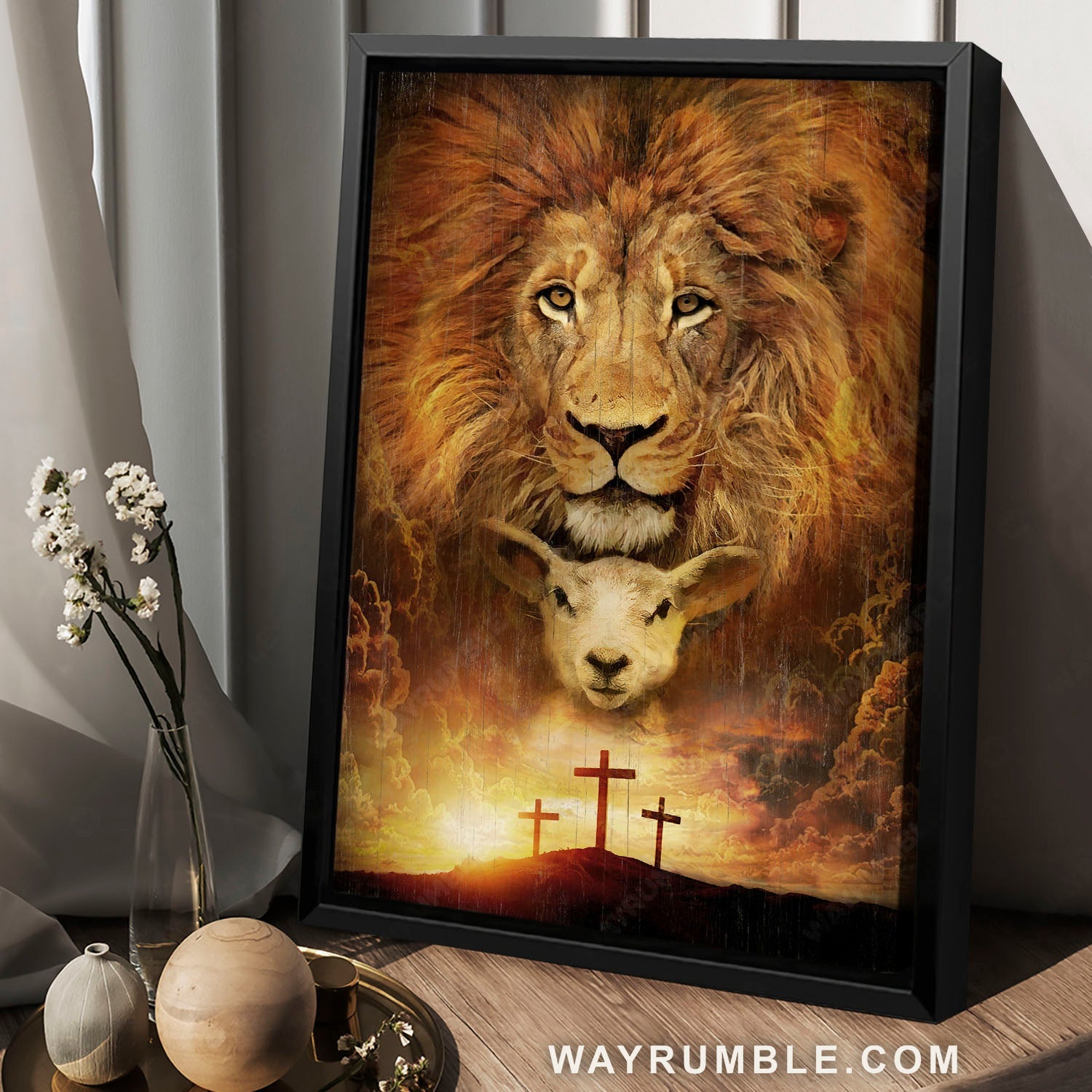 Awesome lion head, Lion of Judah, Lamb of God, Three crosses on hill - Jesus Portrait Canvas Prints, Christian Wall Art