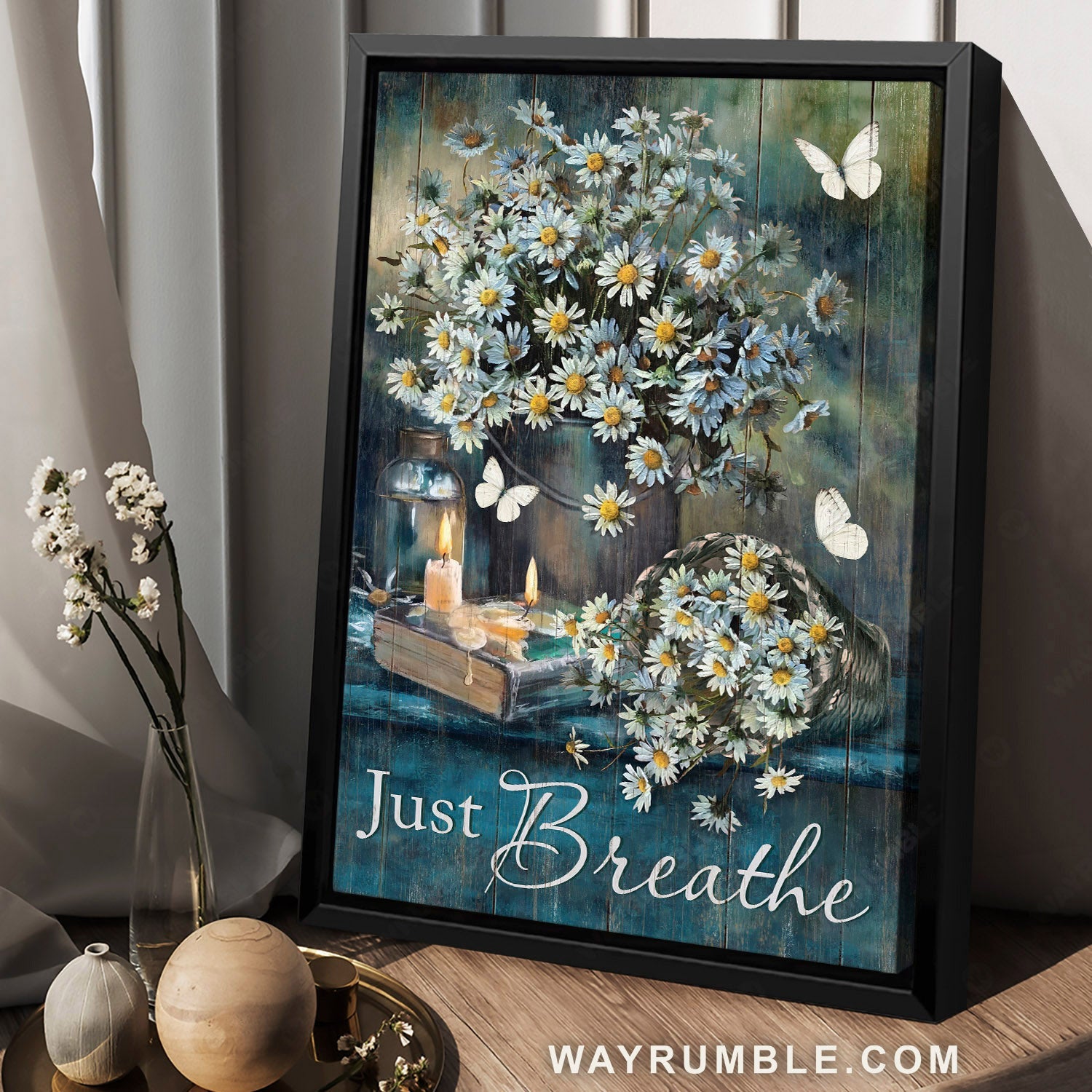 Daisy flower, White butterfly, Vintage painting, Just breathe - Jesus Portrait Canvas Prints, Home Decor Wall Art