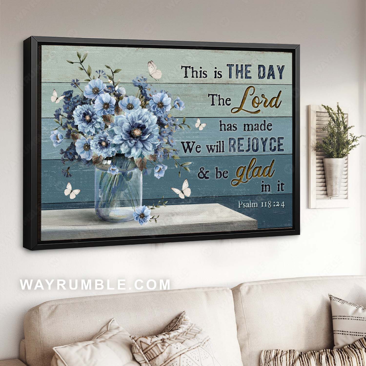 Blue flower, Vintage painting, Bible verse, This is the day the Lord has made - Jesus Landscape Canvas Prints, Home Decor Wall Art
