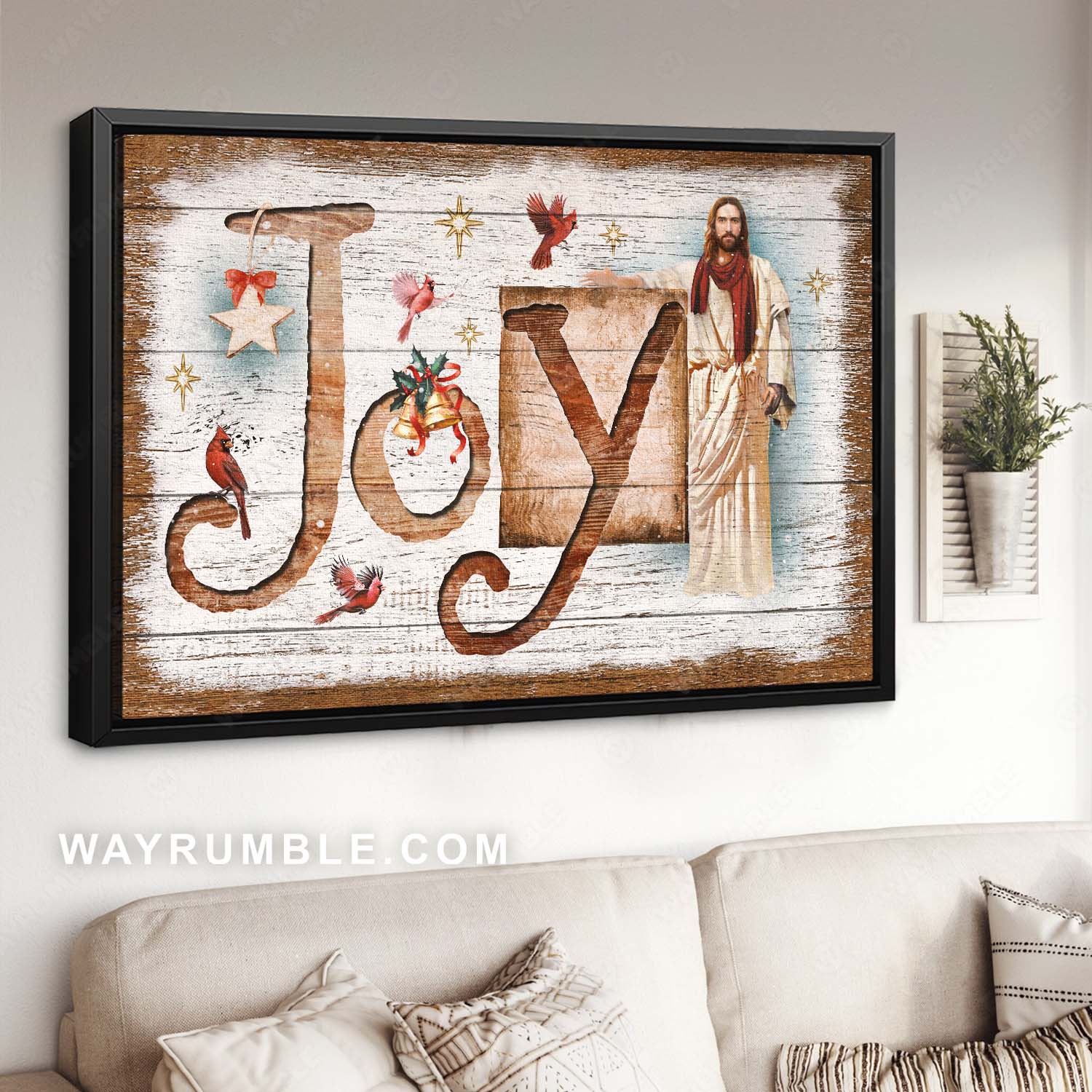 Christmas decoration, Red cardinal, Jesus painting, Joy - Jesus Landscape Canvas Prints, Christian Wall Art