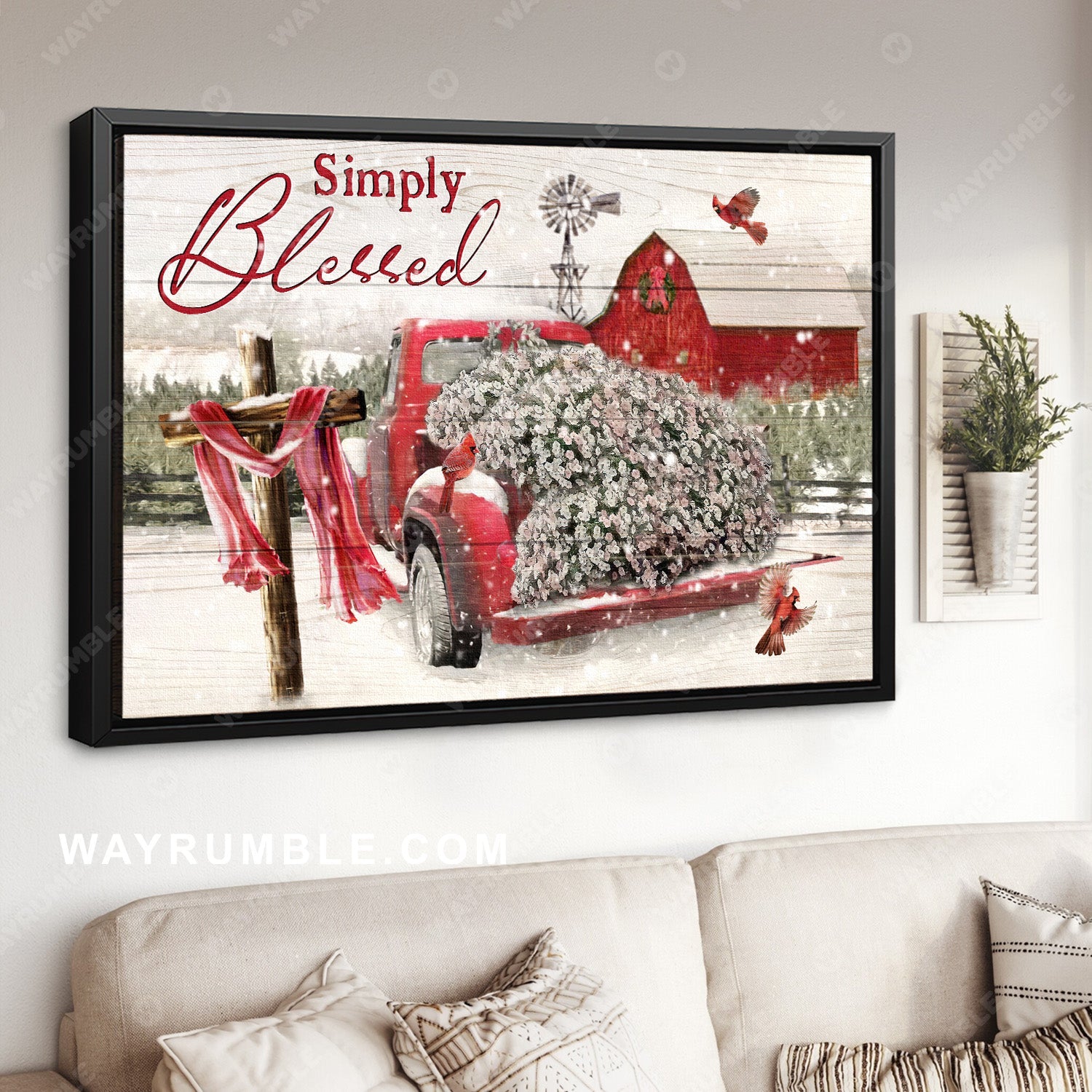 Awesome red truck, Snowy farm, Wooden cross, Red cardianal, Simply blessed - Jesus Landscape Canvas Prints, Home Decor Wall Art