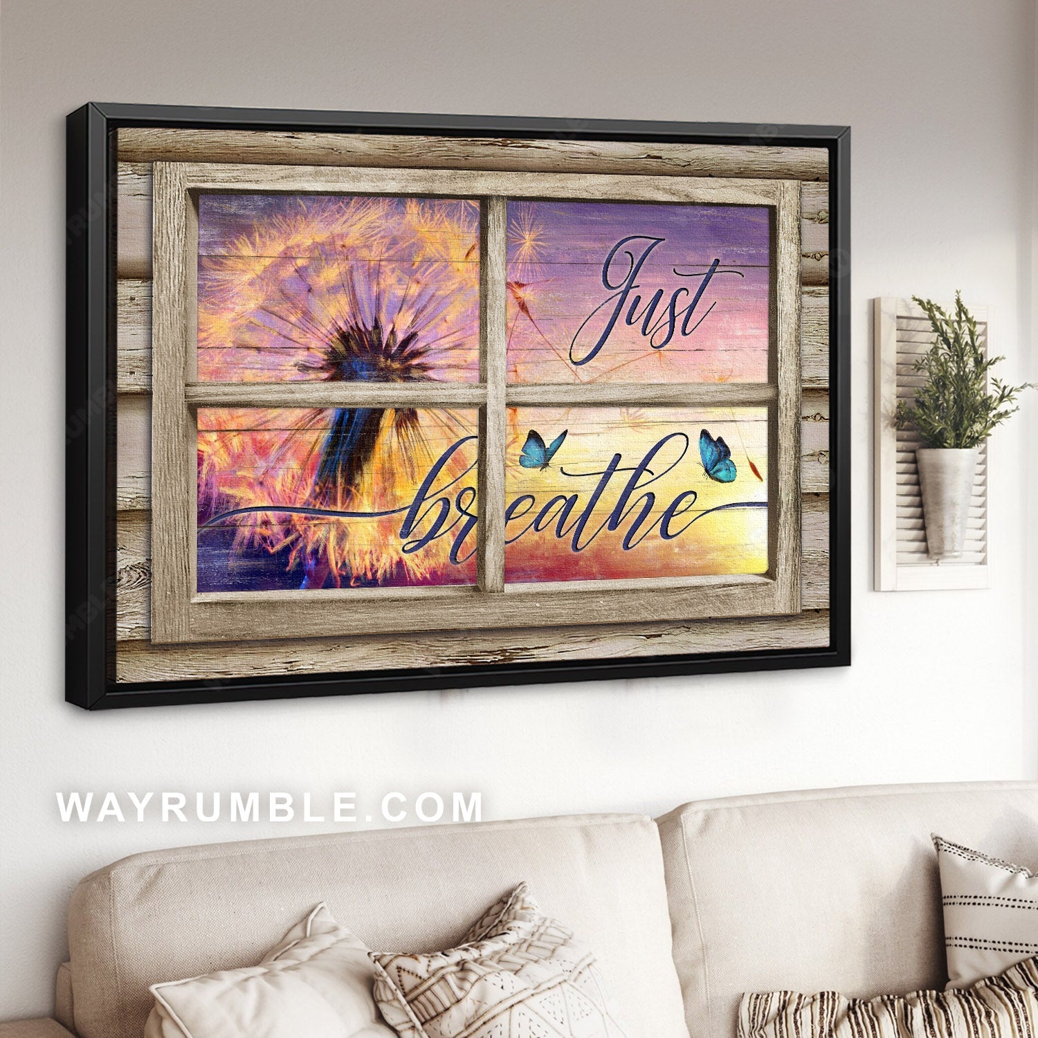Blue butterfly, Watercolor dandelion, Wooden window frame, Just breathe - Jesus Landscape Canvas Prints, Home Decor Wall Art