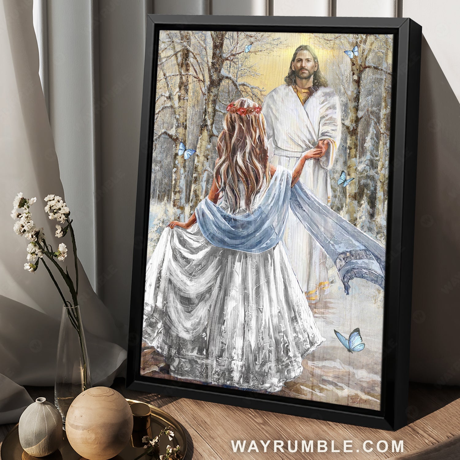 Beautiful lady, Snowy forest, Blue butterfly, Amazing Jesus painting - Jesus Portrait Canvas Prints, Christian Wall Art