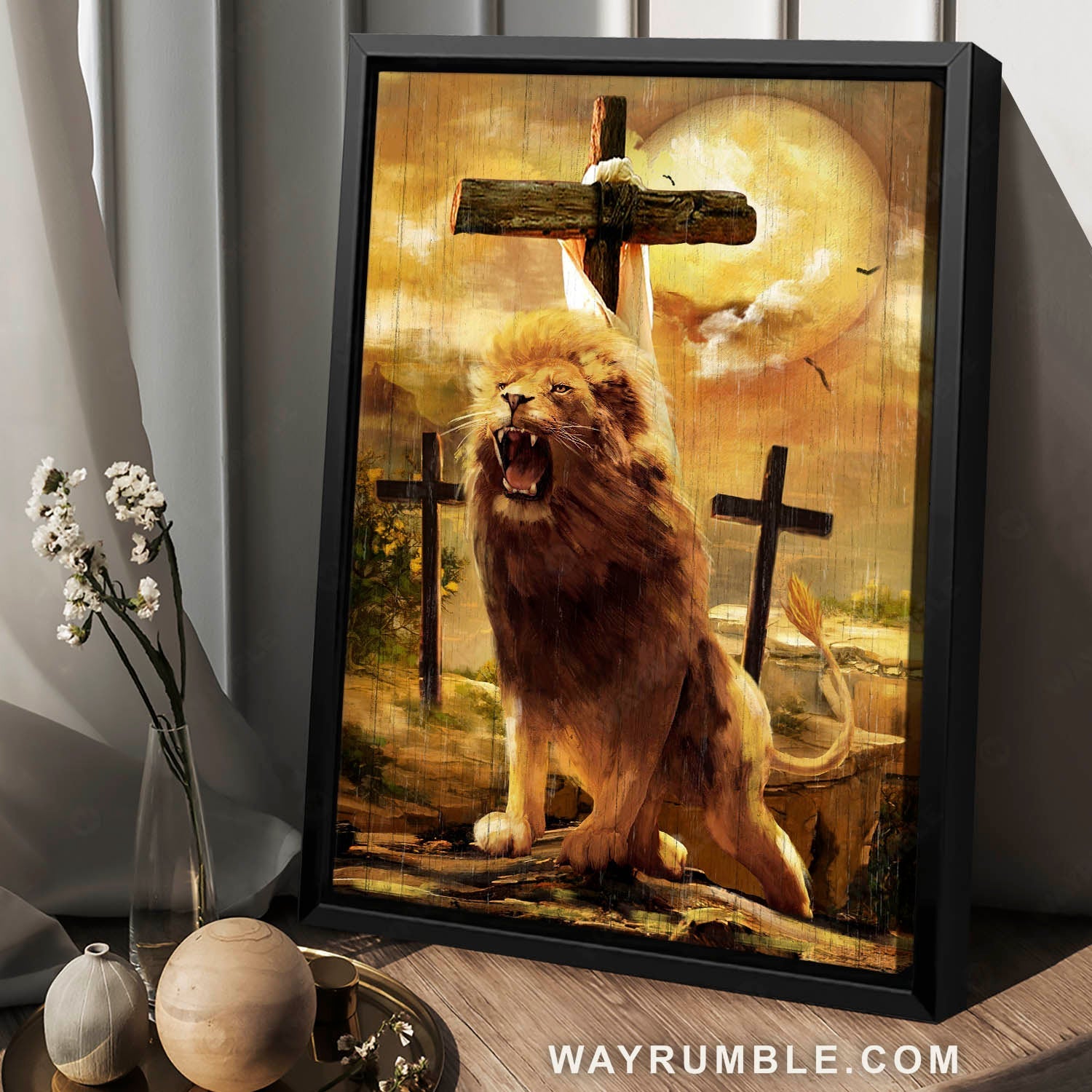 Awesome lion drawing, Lion of Judah, Three wooden crosses, Beautiful full moon - Jesus Portrait Canvas Prints, Christian Wall Art