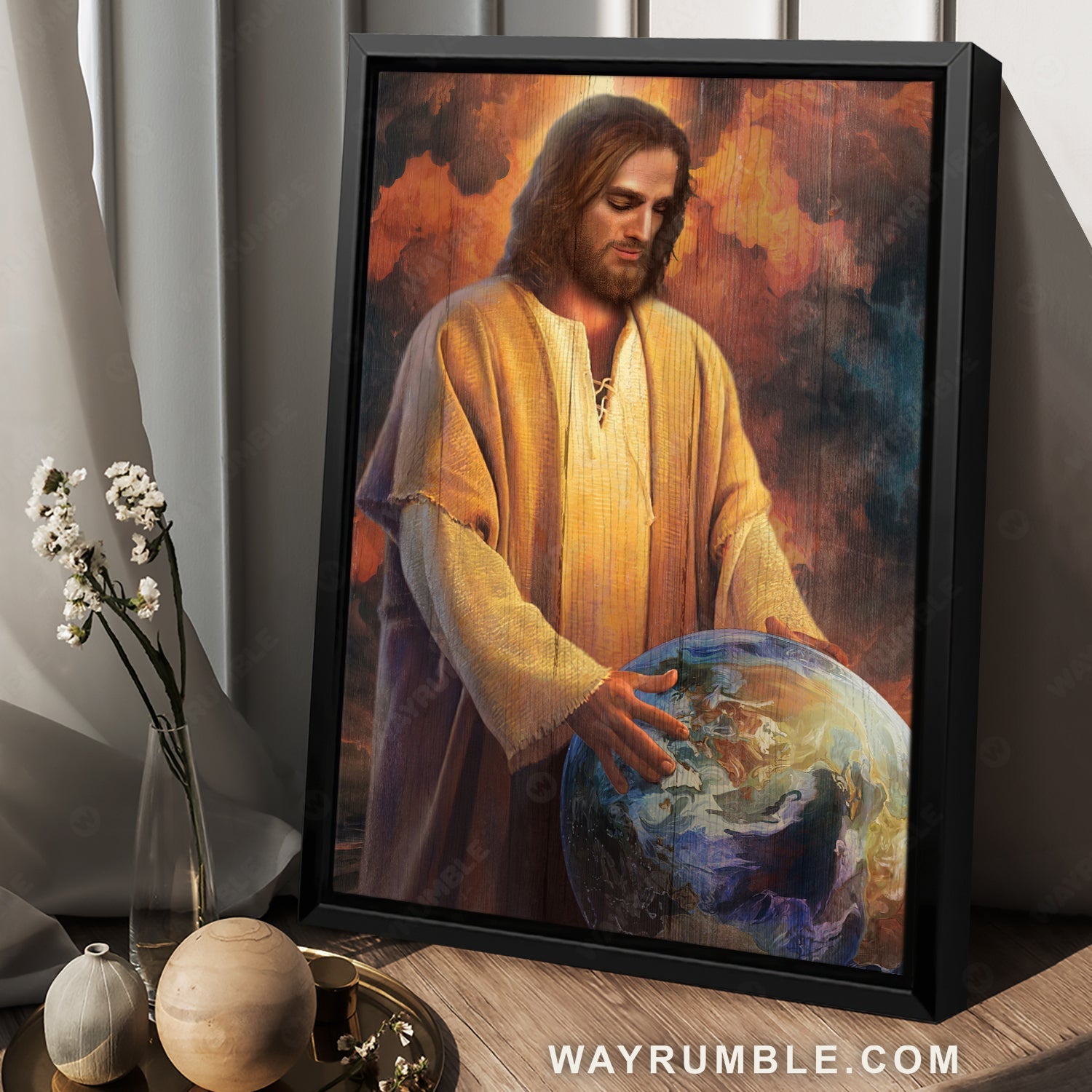 Globe drawing, Jesus painting, Religious art, Jesus holding the earth in his hands - Jesus Portrait Canvas Prints, Christian Wall Art