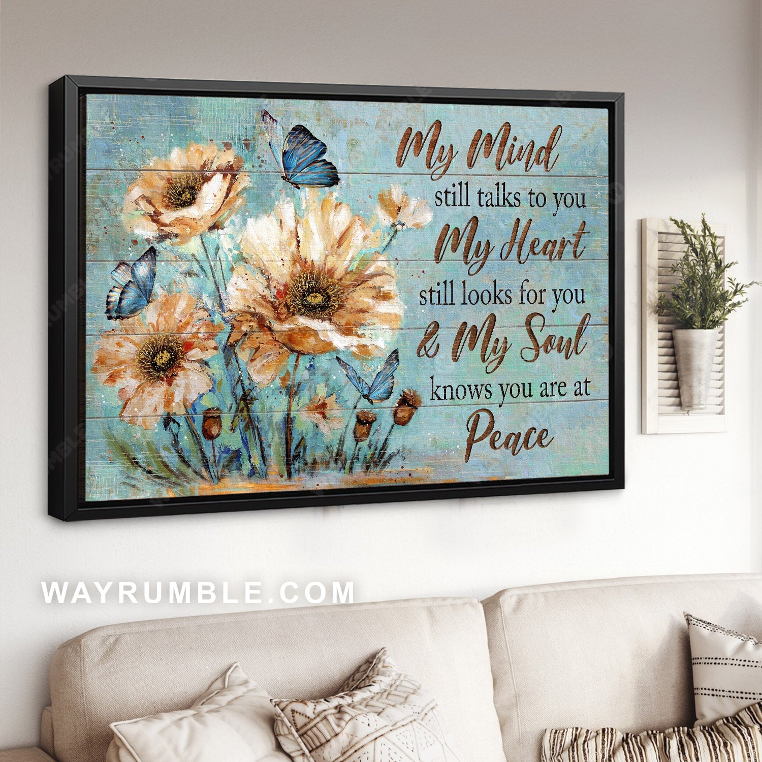 Blue butterfly, White flower painting, Memorial gift, My mind still talks to you - Jesus Landscape Canvas Prints, Home Decor Wall Art