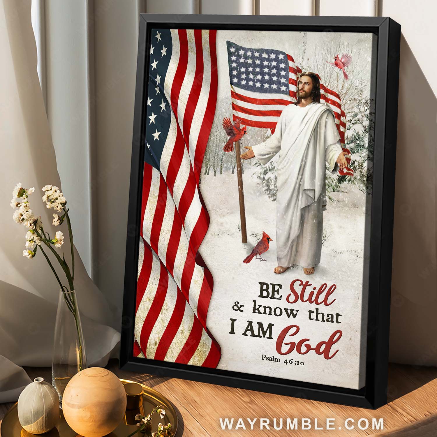 American flag, Red cardinal, Snow forest, Jesus painting, Be still & know that I am God - Jesus Portrait Canvas Prints, Christian Wall Art