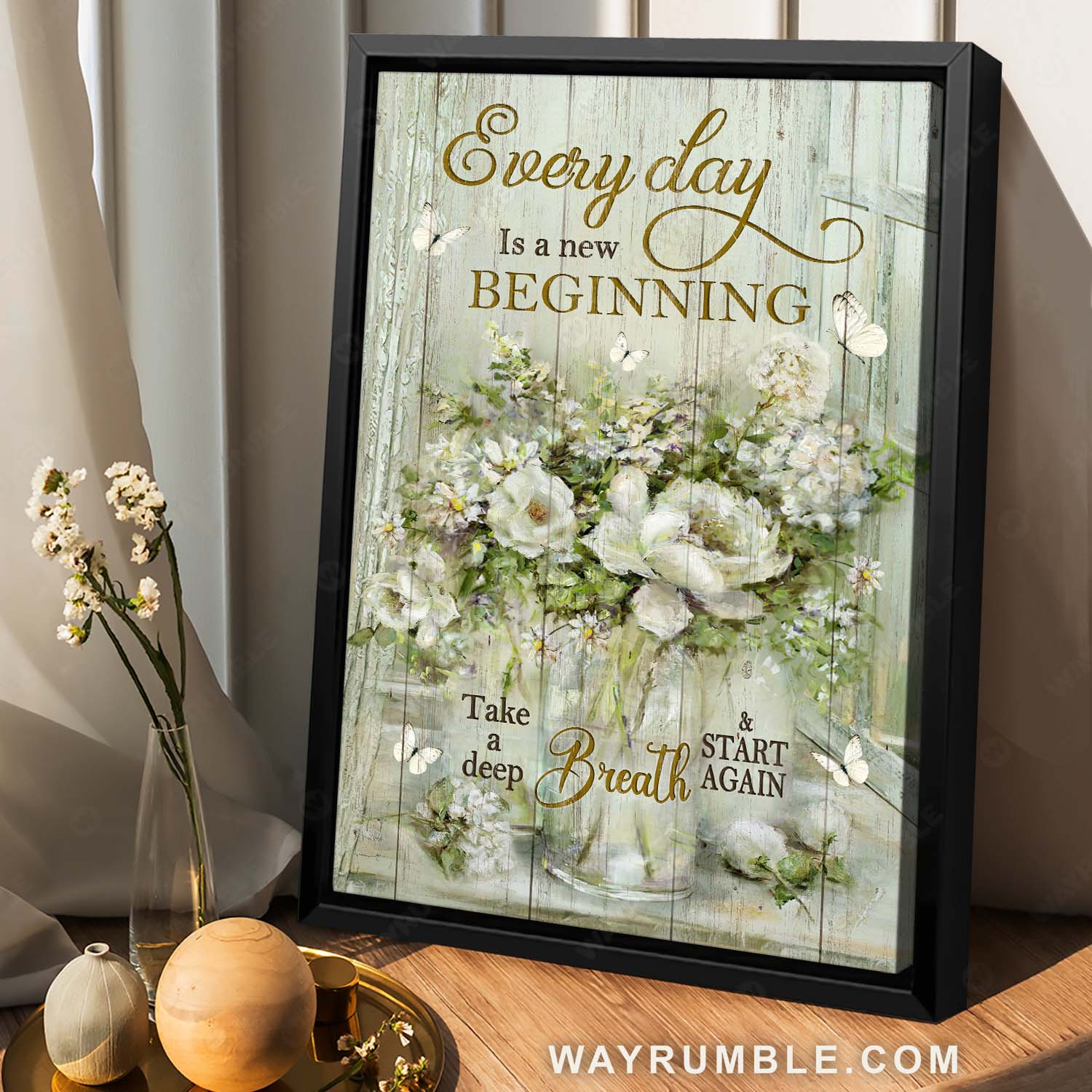 Glass vase, White flower drawing, Lovely butterfly, Every day is a new beginning - Jesus Portrait Canvas Prints, Home Decor Wall Art