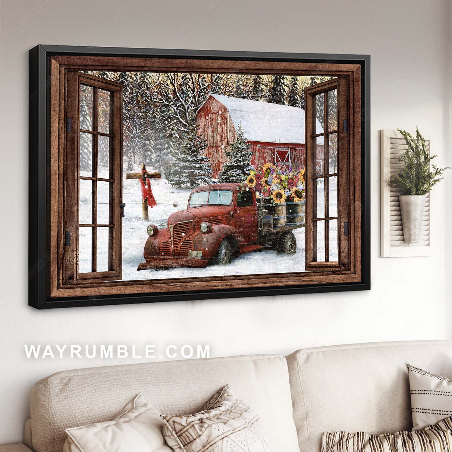 Amazing snow farm, Winter season, Red truck, Lovely sunflower - Jesus Landscape Canvas Prints, Home Decor Wall Art