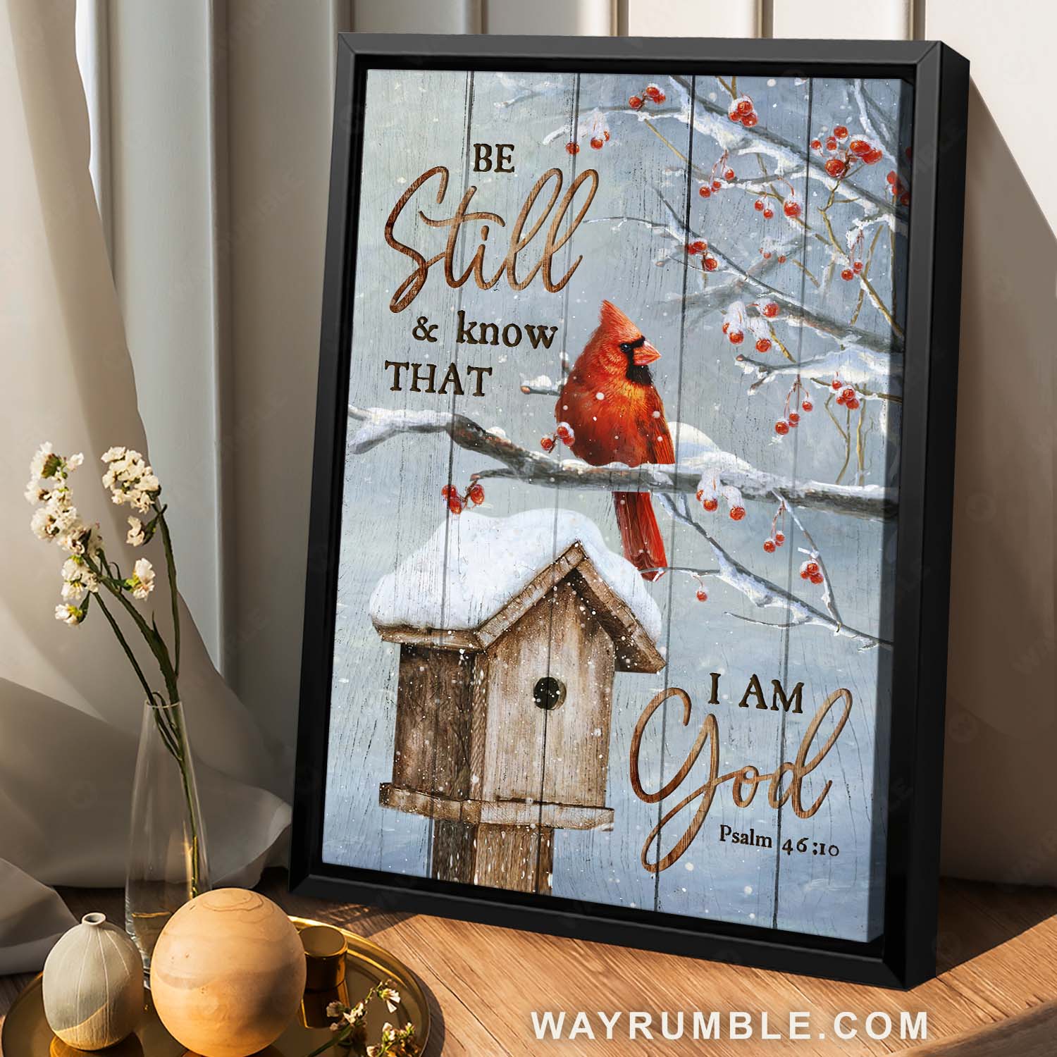 Cranberry tree, Winter season, Red cardinal, Be still & know that I am God - Jesus Portrait Canvas Prints, Home Decor Wall Art