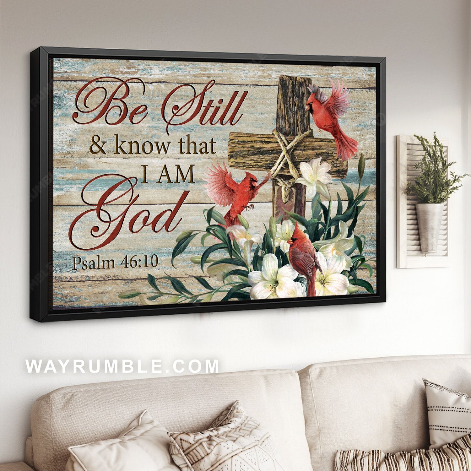 Amazing red cardinal, Wooden cross, Lily flower, Be still & know that I am God - Jesus Landscape Canvas Prints, Home Decor Wall Art