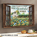 Sunflower Filed, Blue butterflies, Outside the window, And I think to myself what a wonderful world it is - Jesus, Window Frame Landscape Canvas Prints, Wall Art
