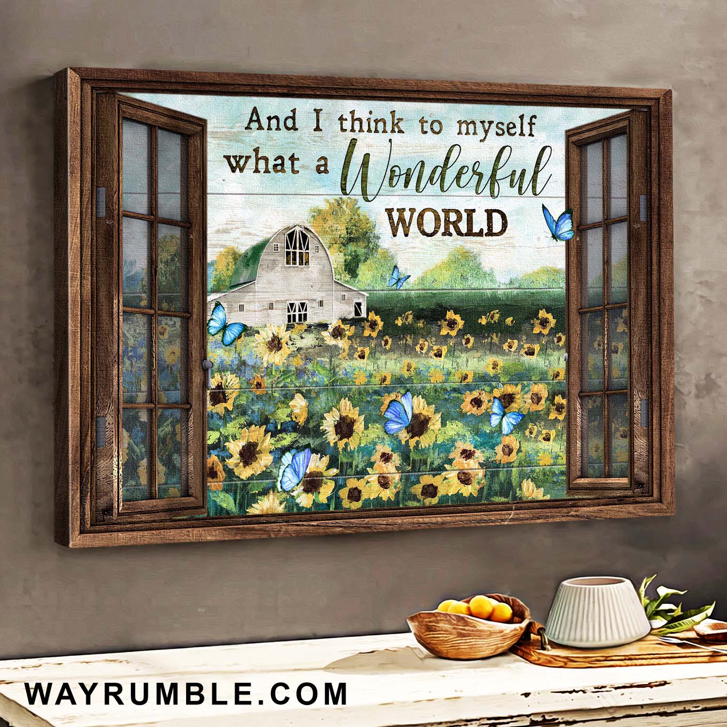 Sunflower Filed, Blue butterflies, Outside the window, And I think to myself what a wonderful world it is - Jesus, Window Frame Landscape Canvas Prints, Wall Art