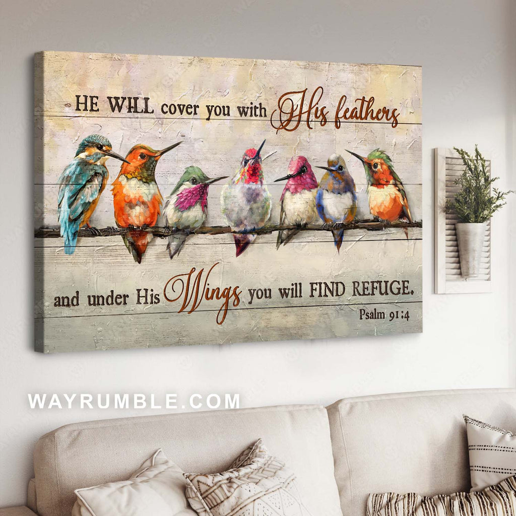 Bible verse, Watercolor hummingbird, Lovely bird, He will cover you with his feathers - Jesus Landscape Canvas Prints, Home Decor Wall Art