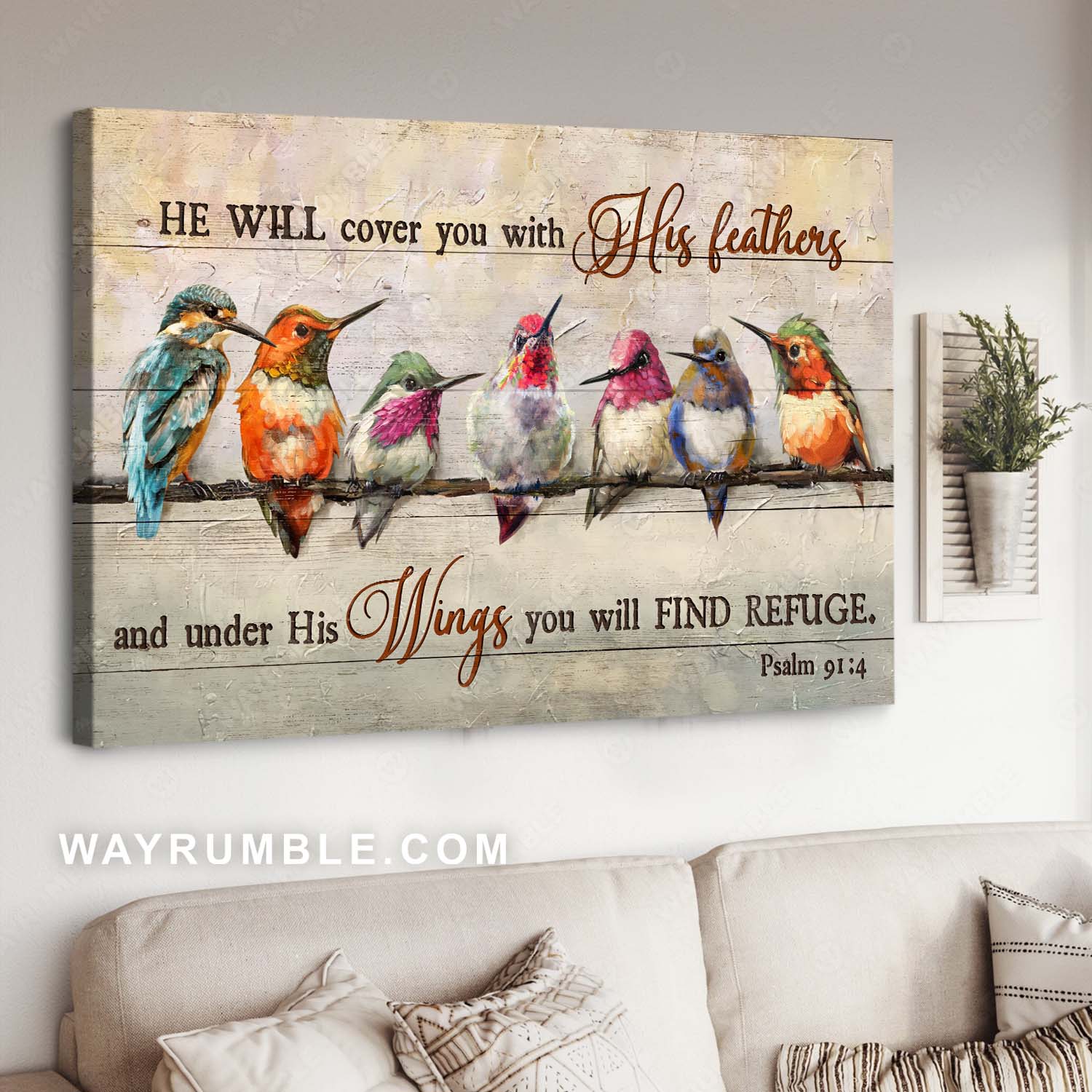 Bible verse, Watercolor hummingbird, Lovely bird, He will cover you with his feathers - Jesus Landscape Canvas Prints, Home Decor Wall Art